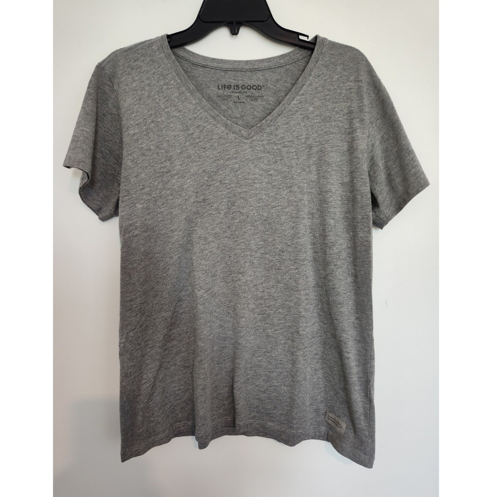 Life is Good Crusher Tee Womens Large Gray V-Neck Short Sleeve T-Shirt Heathered